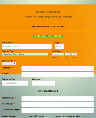 Form Templates: Student Individual Inventory