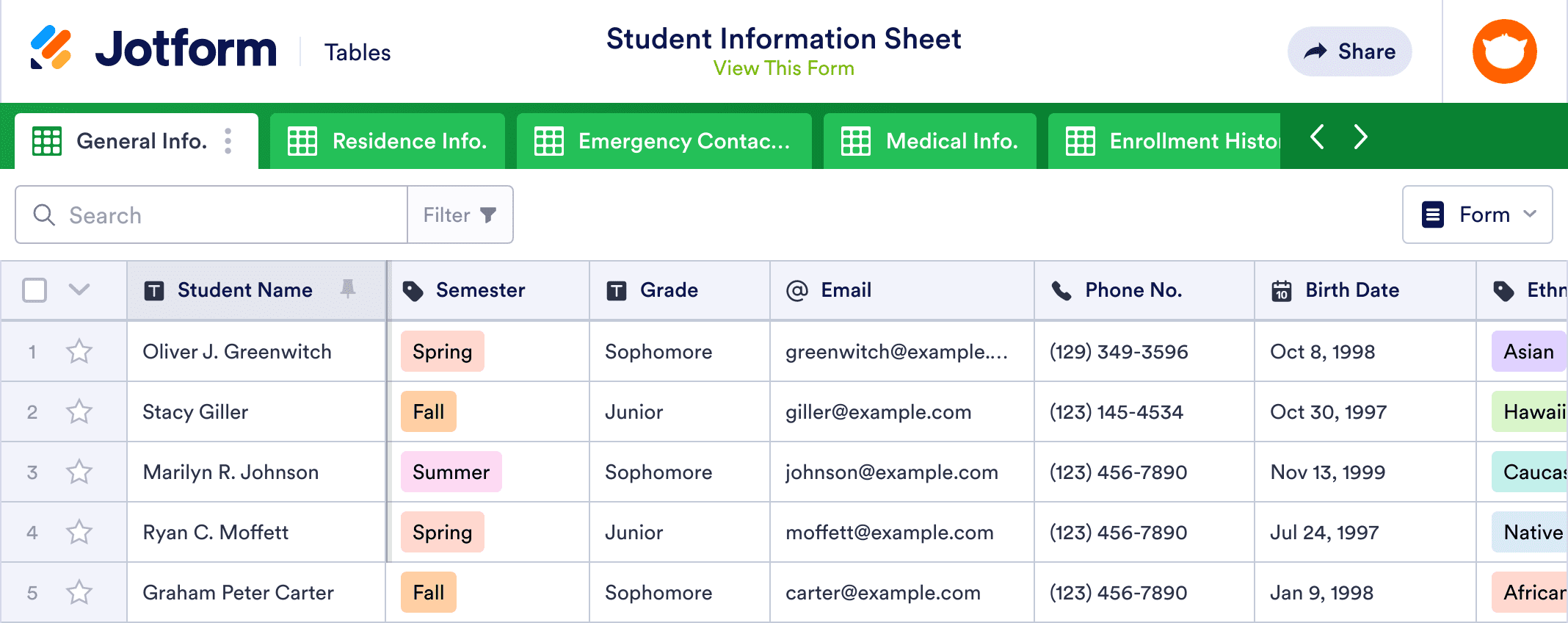 Student Information Sheet Template | Jotform Tables