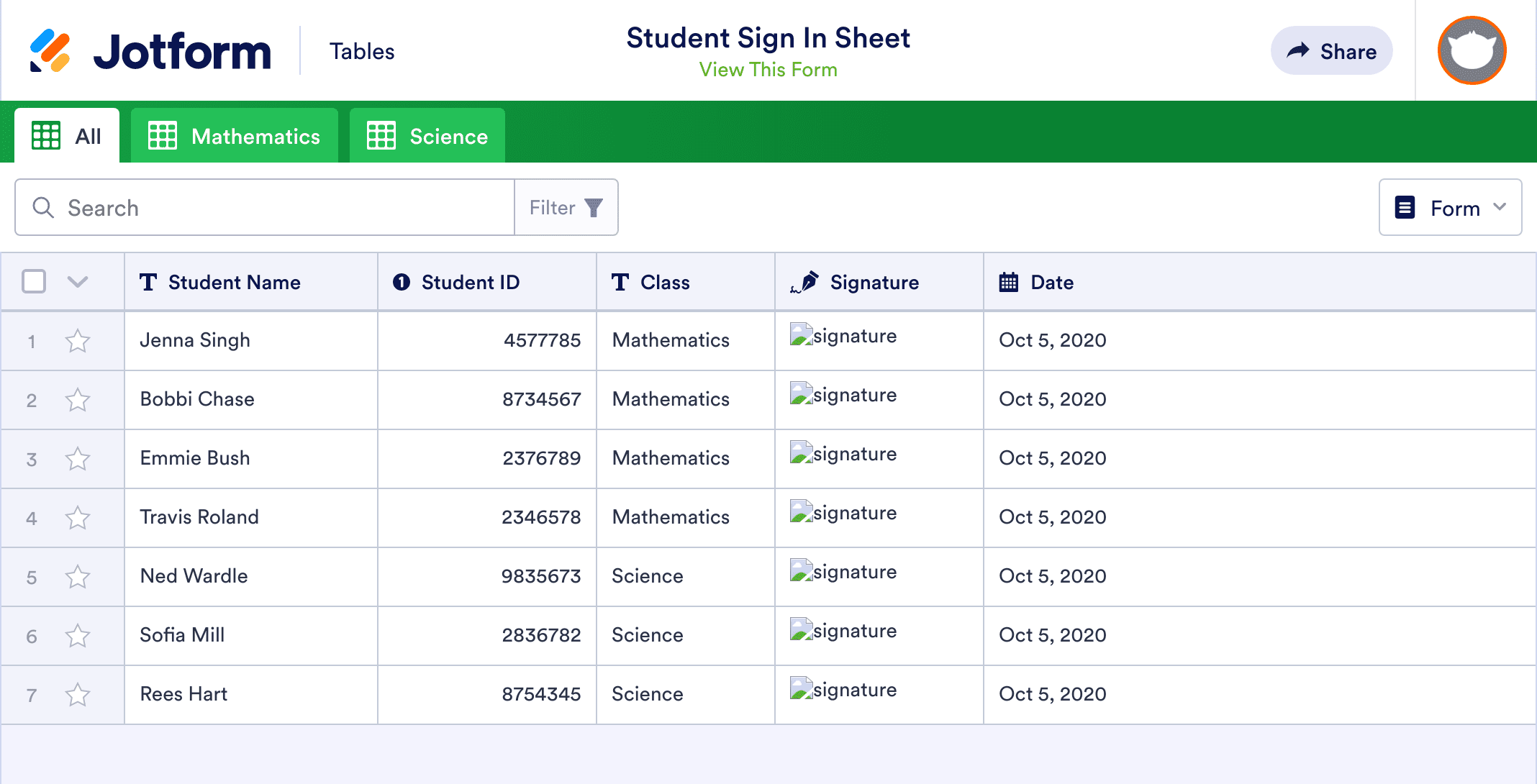 Student Sign In Sheet