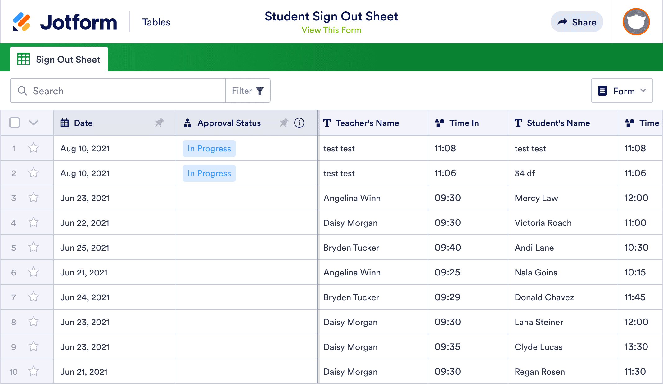 Student Sign Out Sheet