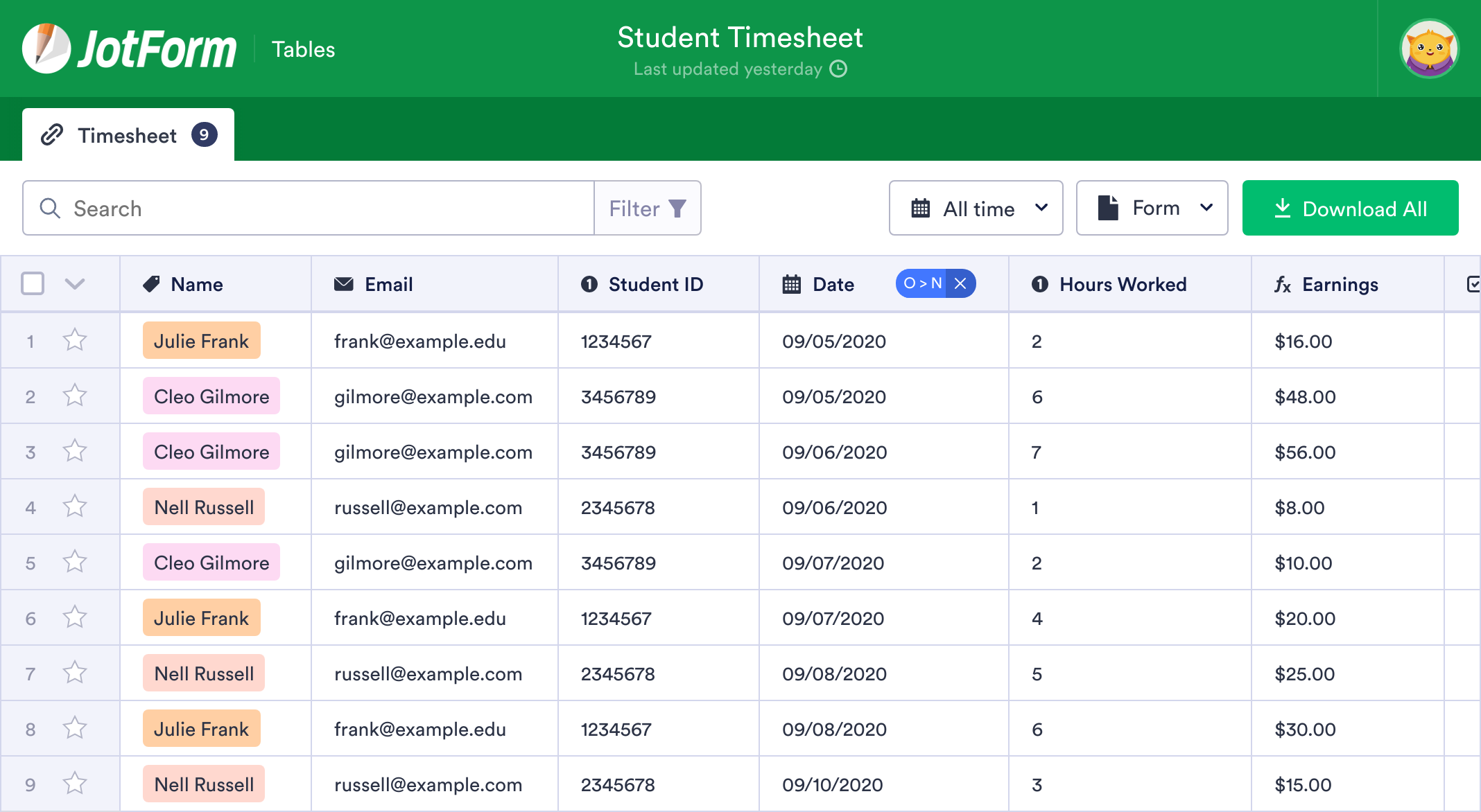 Student Timesheet Template Jotform Tables