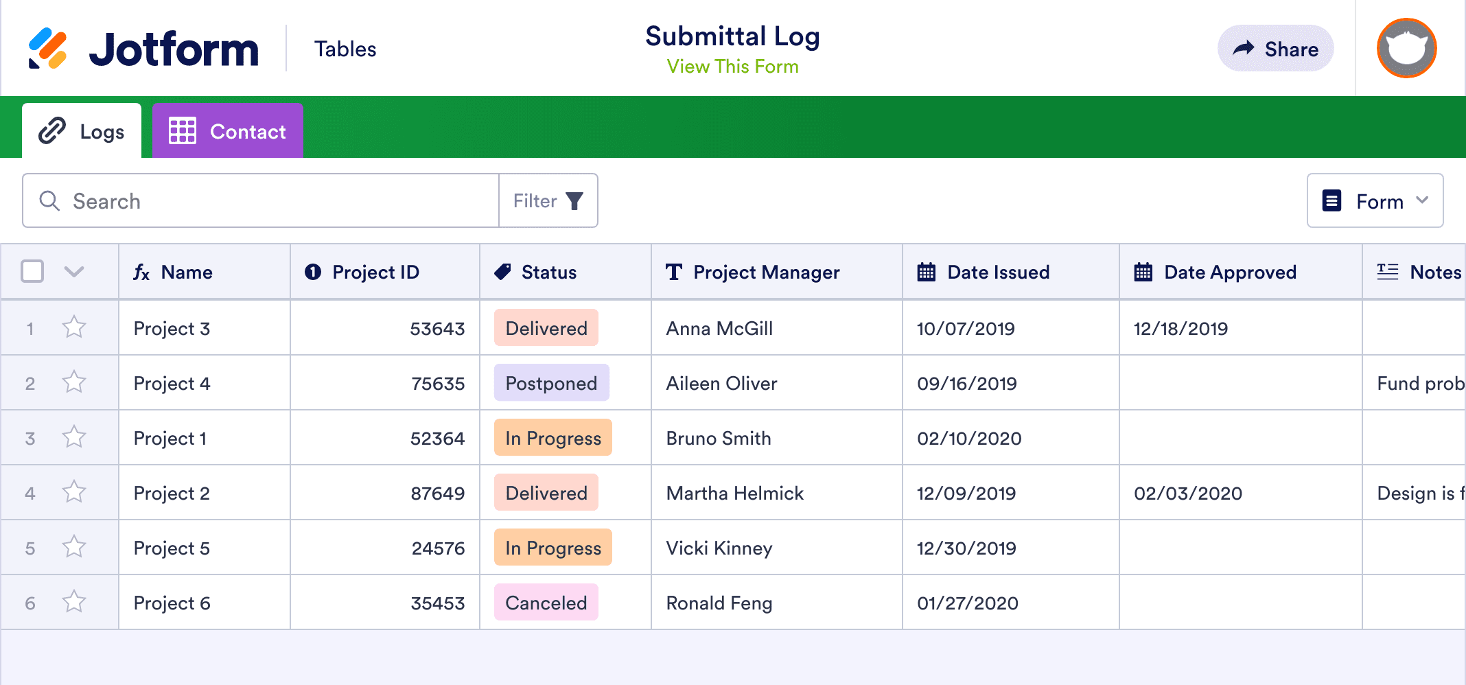 Submittal Log Template | Jotform Tables