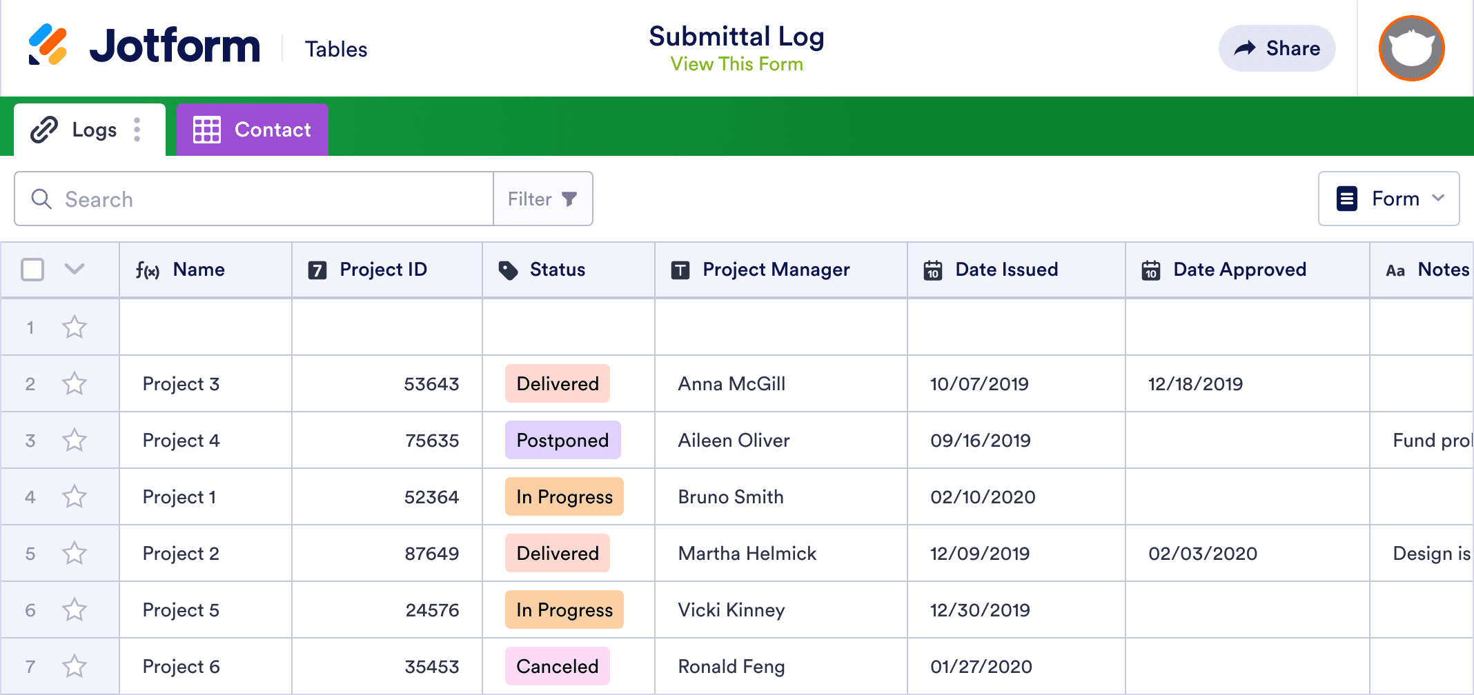 Submittal Log Template Jotform Tables