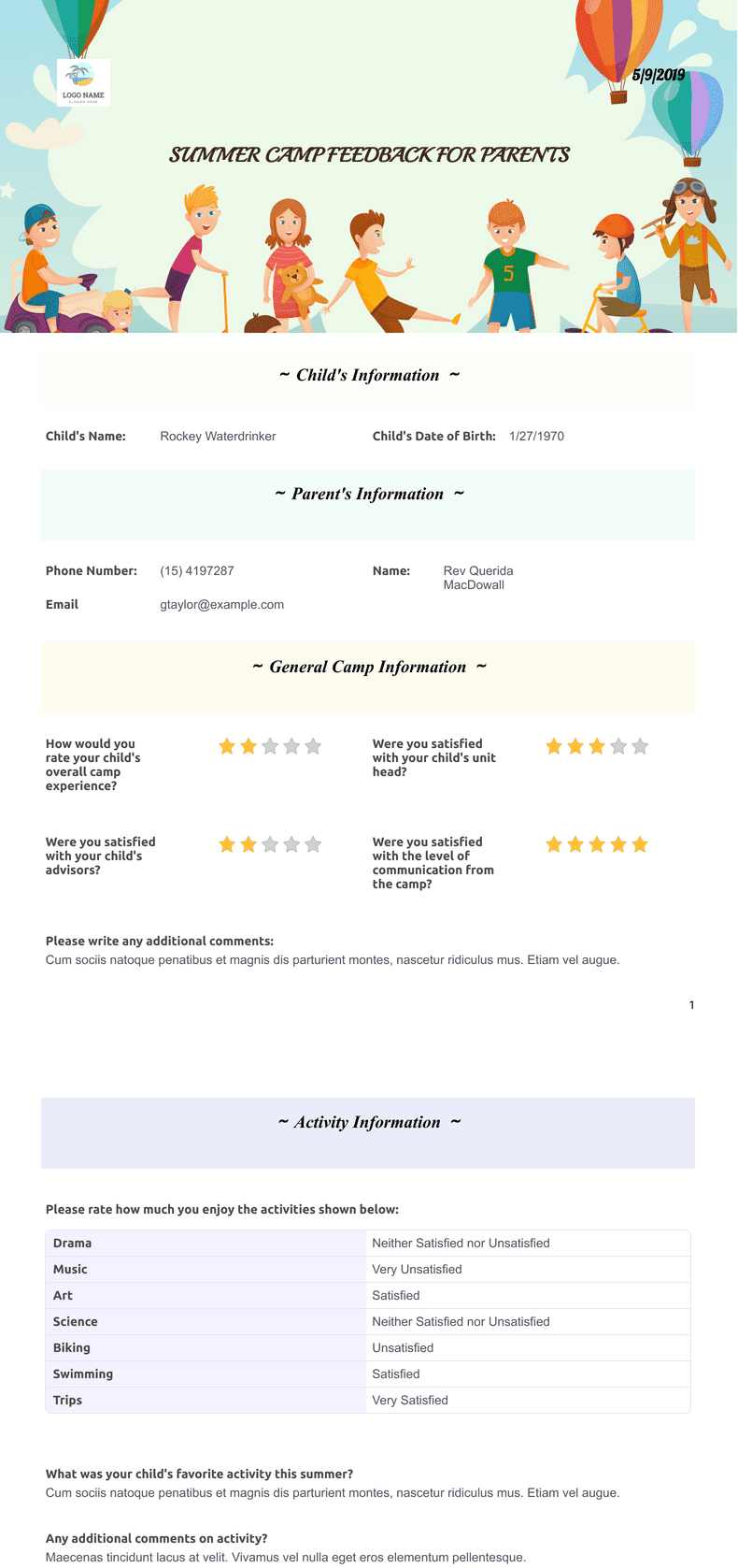 Summer Camp Feedback Template for Parents