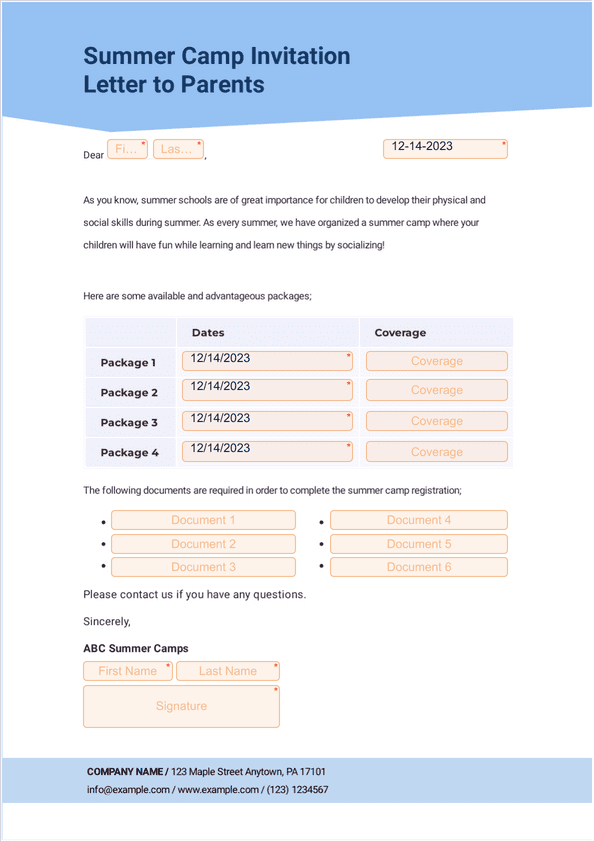 Summer Camp Letter to Parents Template Sign Templates Jotform