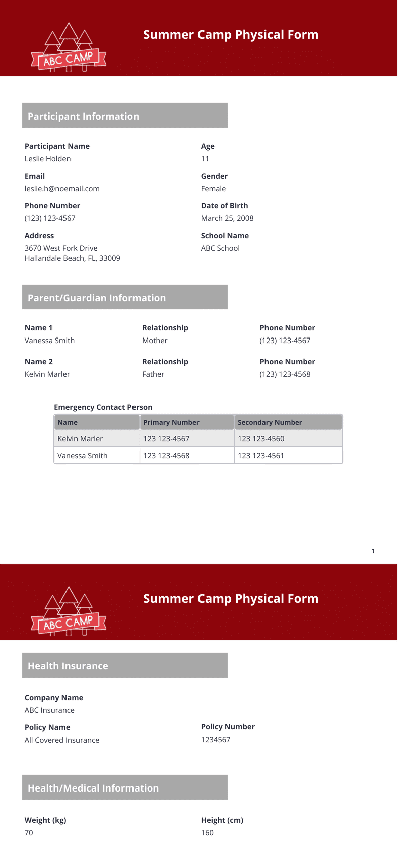 PDF Templates: Summer Camp Physical Form
