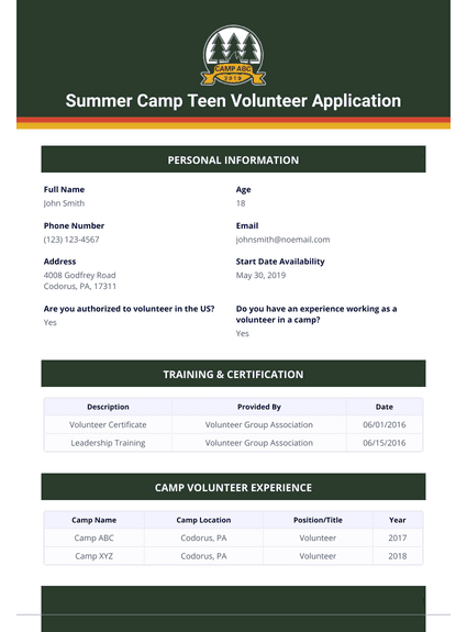 Summer Camp Teen Volunteer Application