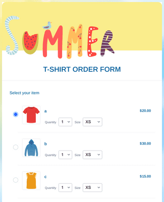 Form Templates: Summer T Shirt Order Form