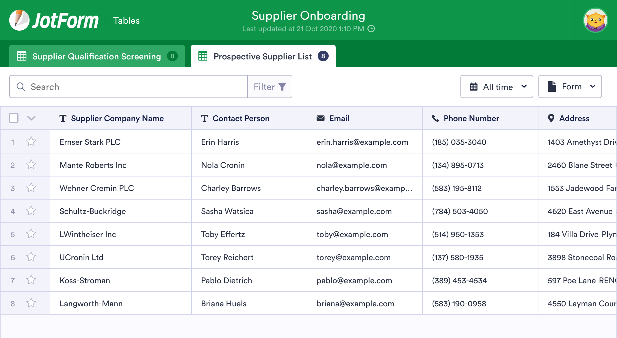 Supplier Onboarding Template JotForm Tables