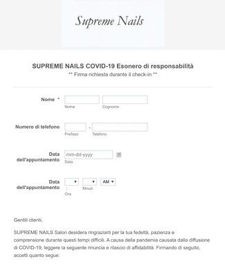Form Templates: Supreme Nails COVID 19 Esonero di responsabilità