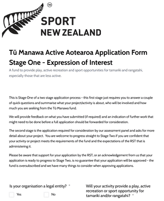 Form Templates: Tū Manawa Active Aotearoa Expression of Interest