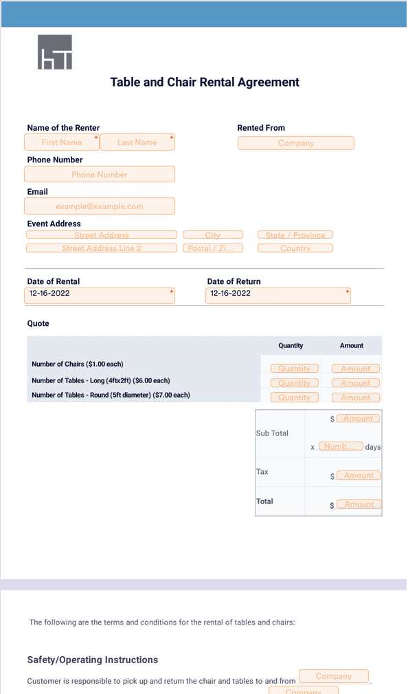 Table and Chair Rental Agreement Form Sign Templates Jotform