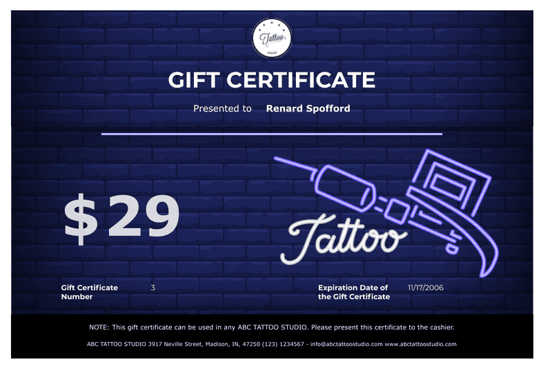 PDF Templates: Tattoo Gift Certificate Template