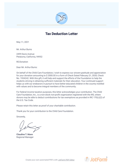 Tax Deduction Letter Sample