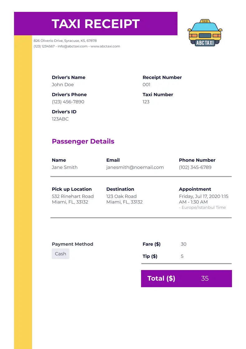 Taxi Receipt Template - PDF Templates | Jotform