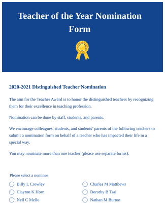 Form Templates: Teacher of the Year Nomination Form