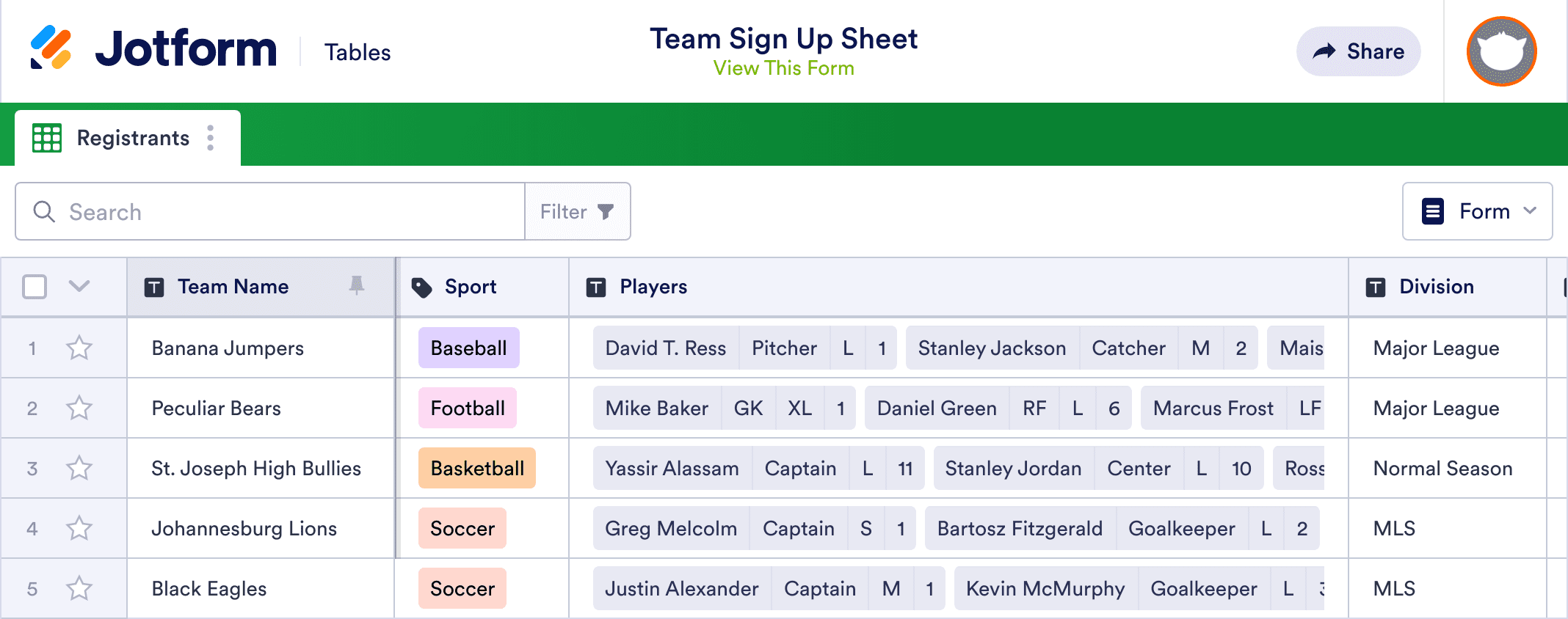 Team Sign Up Sheet Template | Jotform Tables