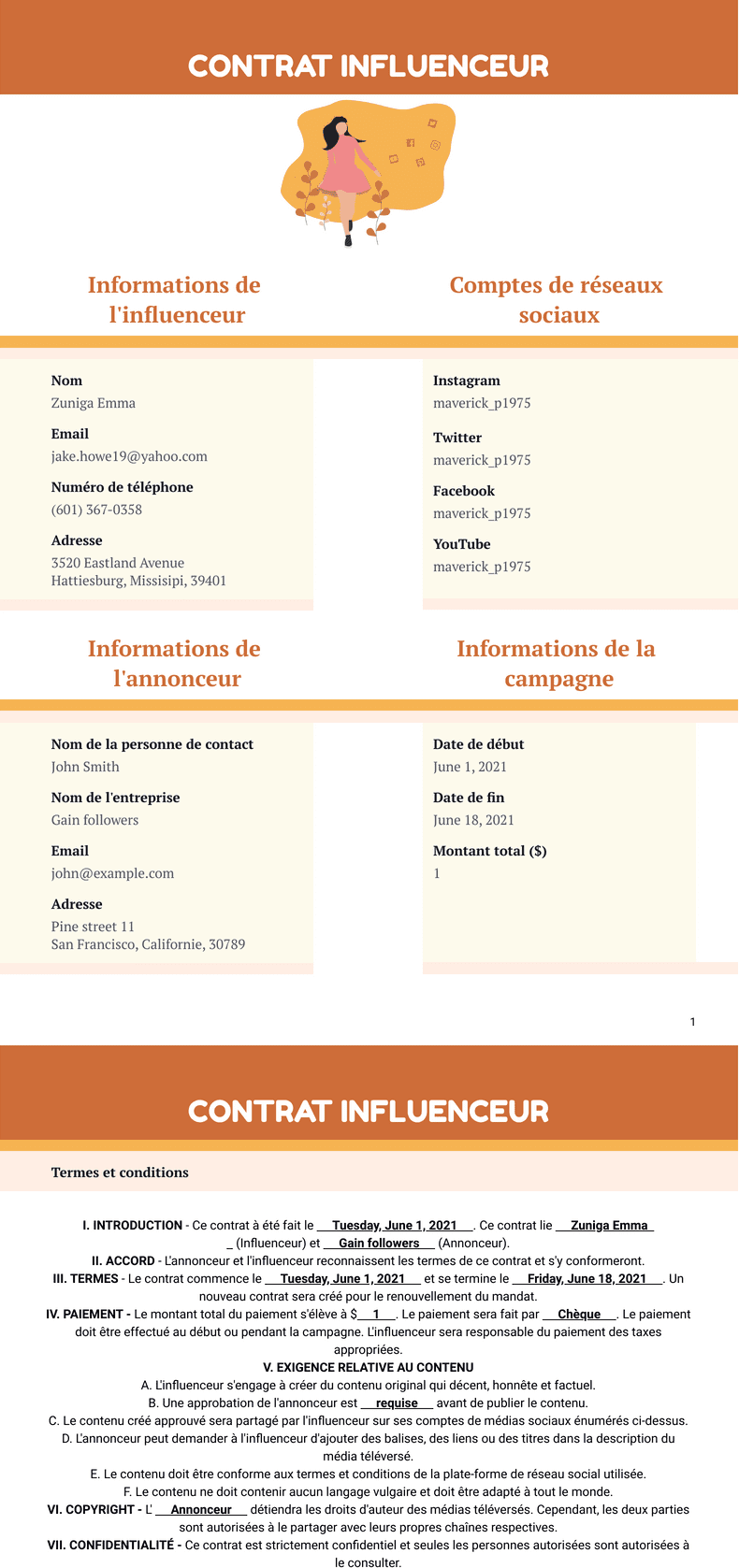 PDF Templates: Template Contrat Influenceur