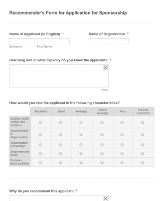 Template - Recommender's Form for Application for Sponsorship