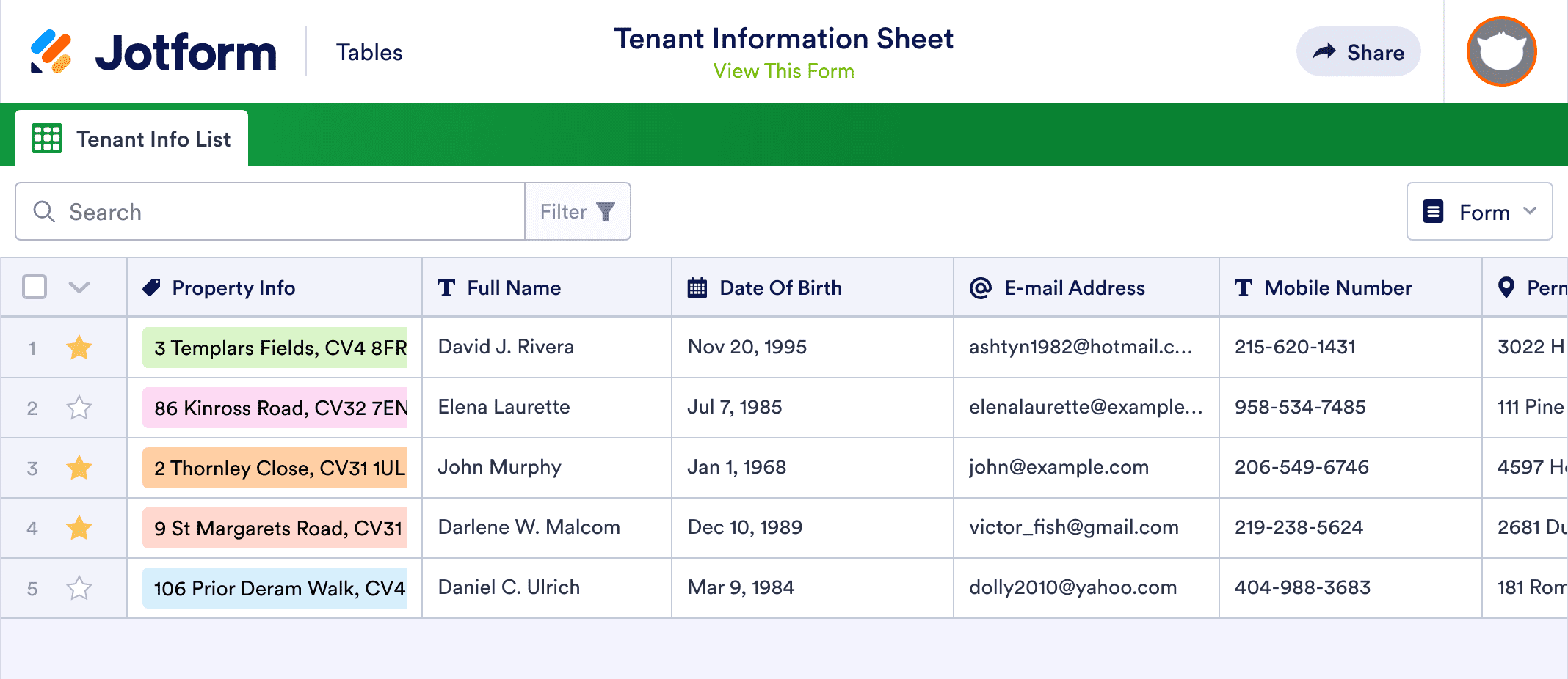 Tenant Information Sheet