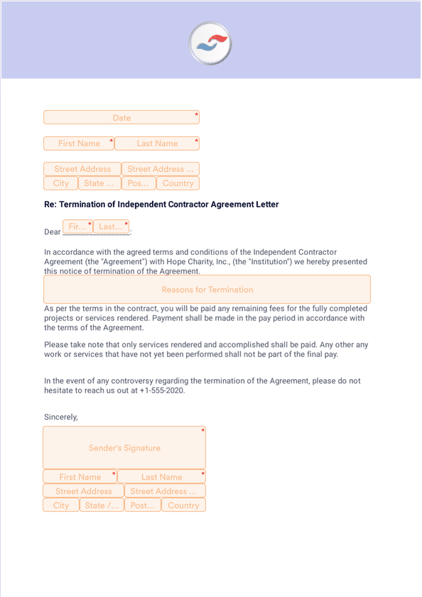 Termination of Independent Contractor Agreement Letter - Sign Templates
