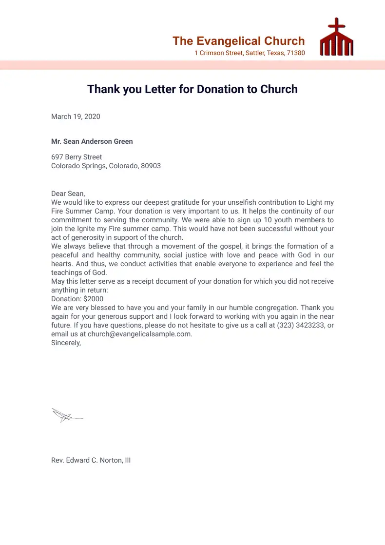 Thank you Letter for Donation to Church	