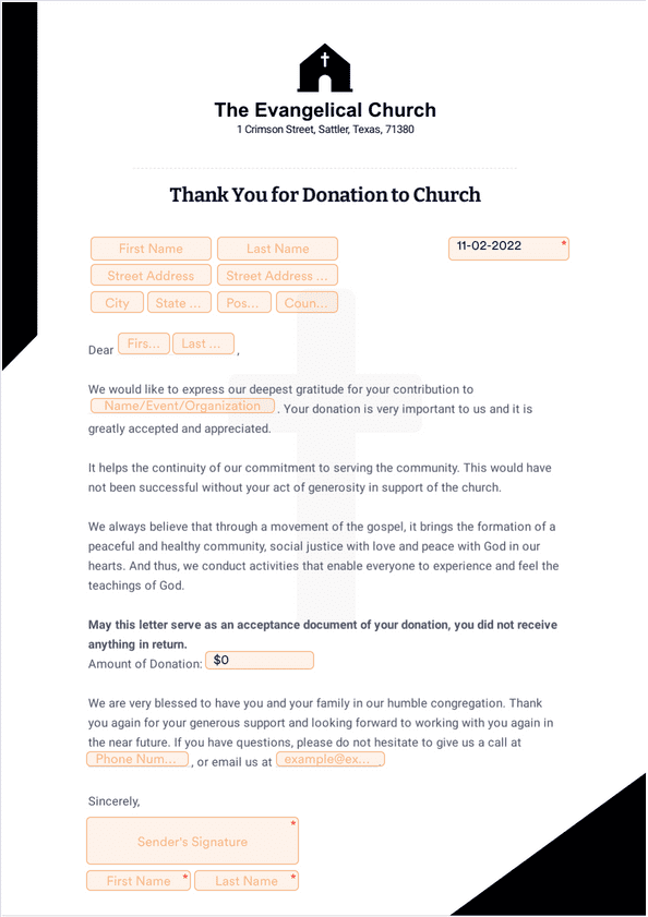 Thank you Letter for Donation to Church Sign Templates Jotform
