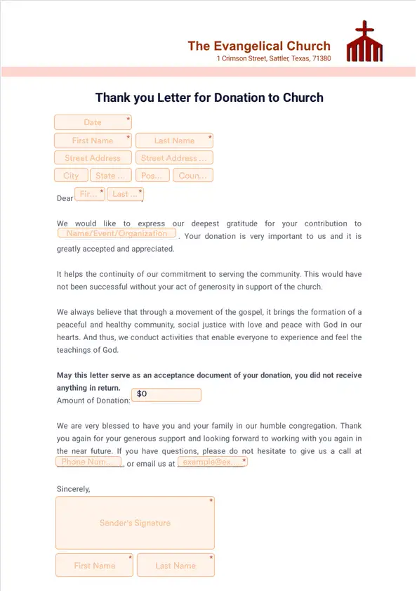 Thank you Letter for Donation to Church	