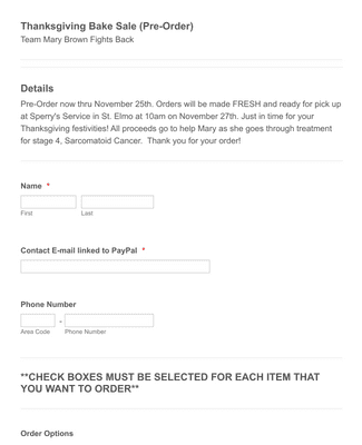 Thanksgiving Bake Sale Pre Order Form