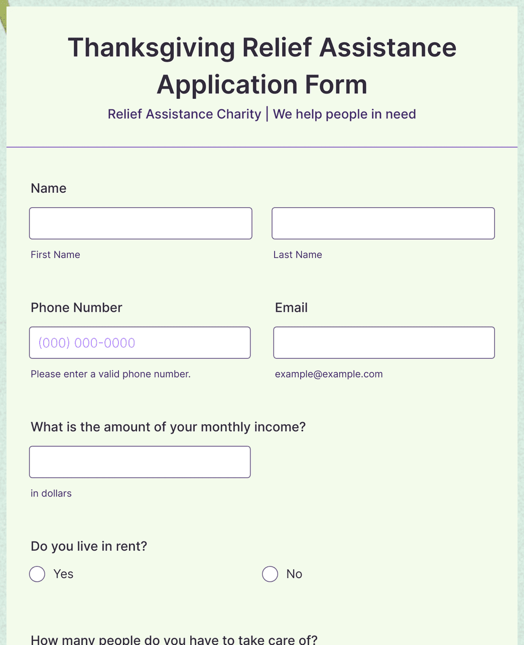 Thanksgiving Relief Assistance Application Form Template Jotform