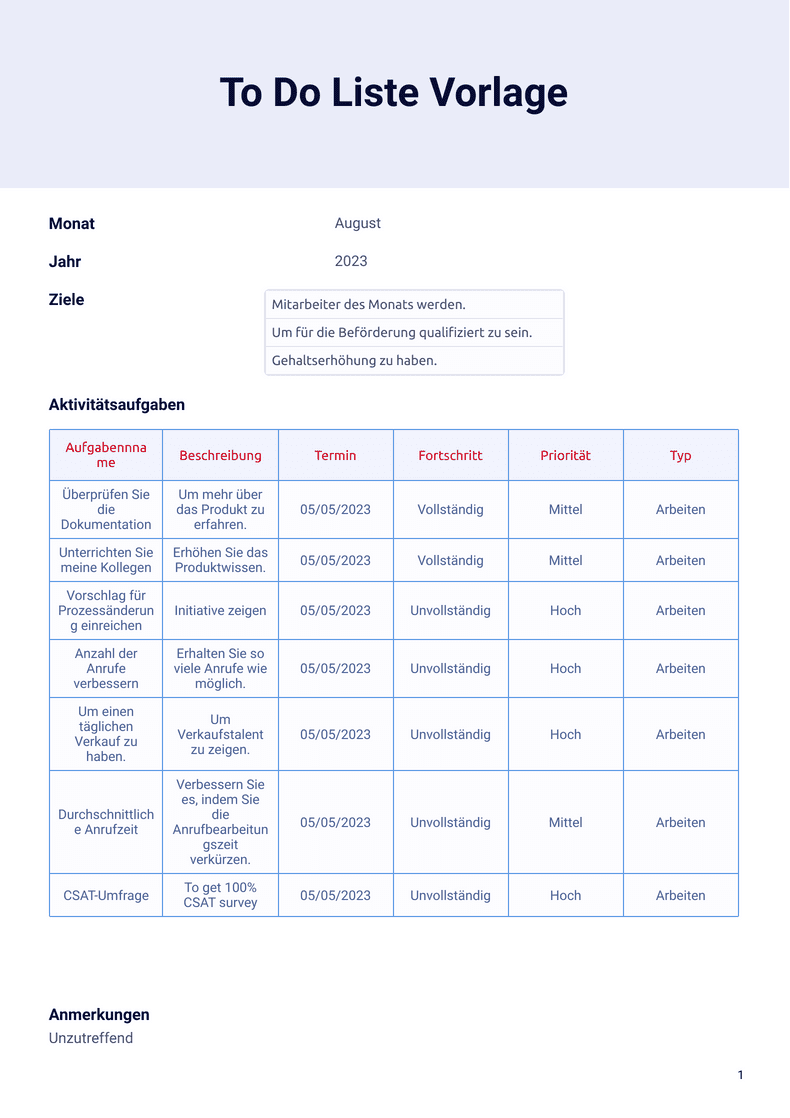 To Do Liste Vorlage - PDF-Vorlagen | Jotform