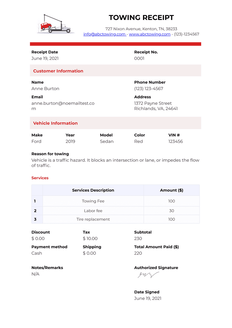 Towing Receipt Template PDF Templates Jotform