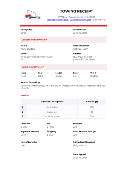 towing receipt template pdf templates jotform