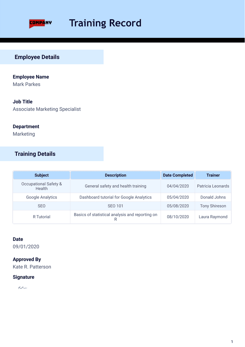 Training Record Template PDF Templates Jotform