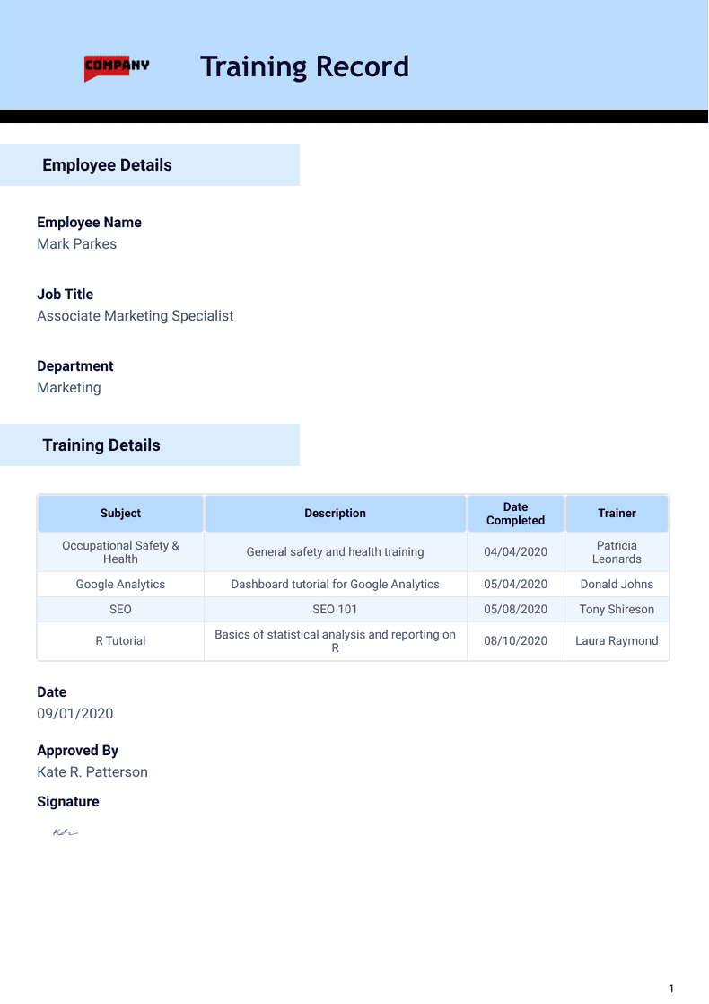Training Record Template - PDF Templates | Jotform