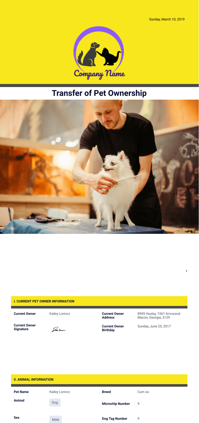 PDF Templates: Transfer of Pet Ownership Template