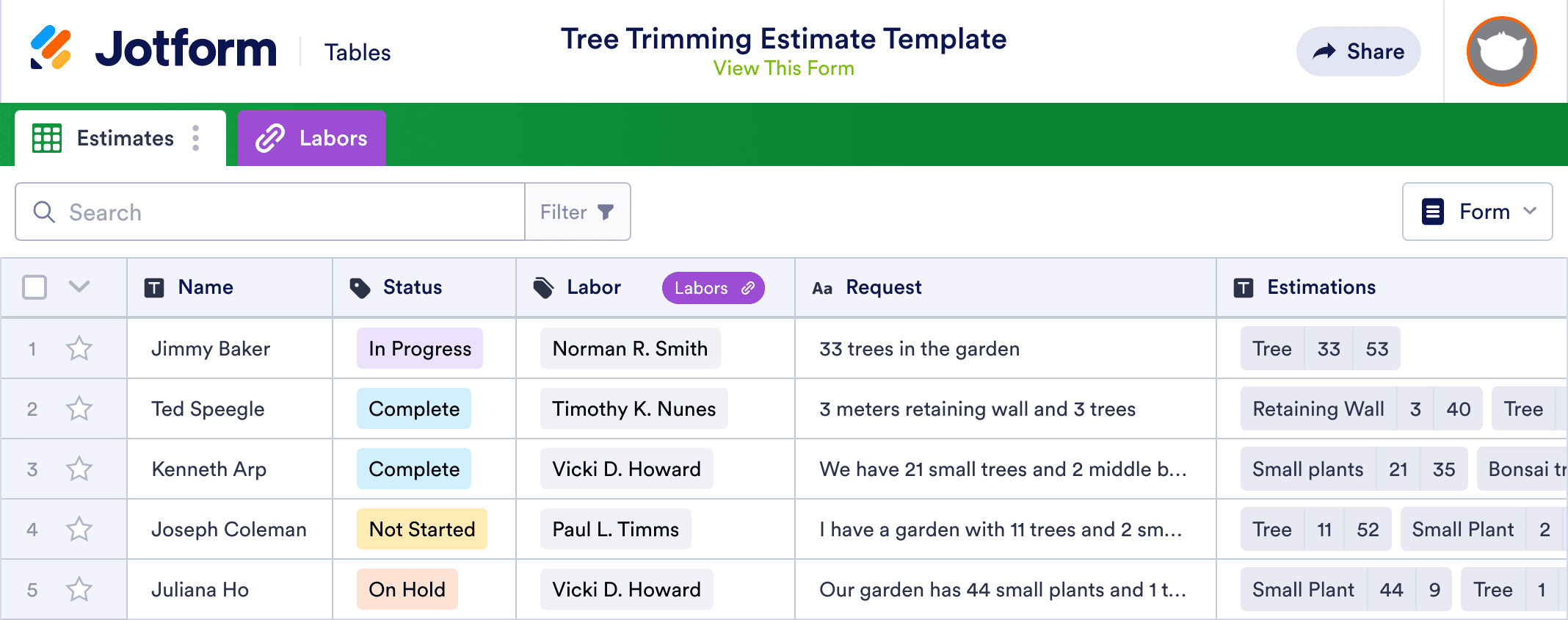 Tree Trimming Estimate Template | Jotform Tables
