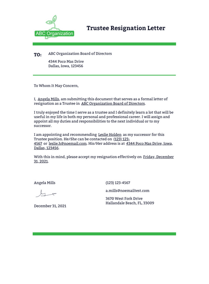 Trustee Resignation Letter