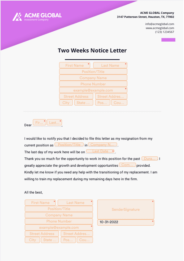 Sign Templates: Two Weeks Notice Letter