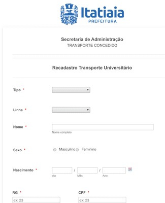 University Transportation Registration Form in Portuguese