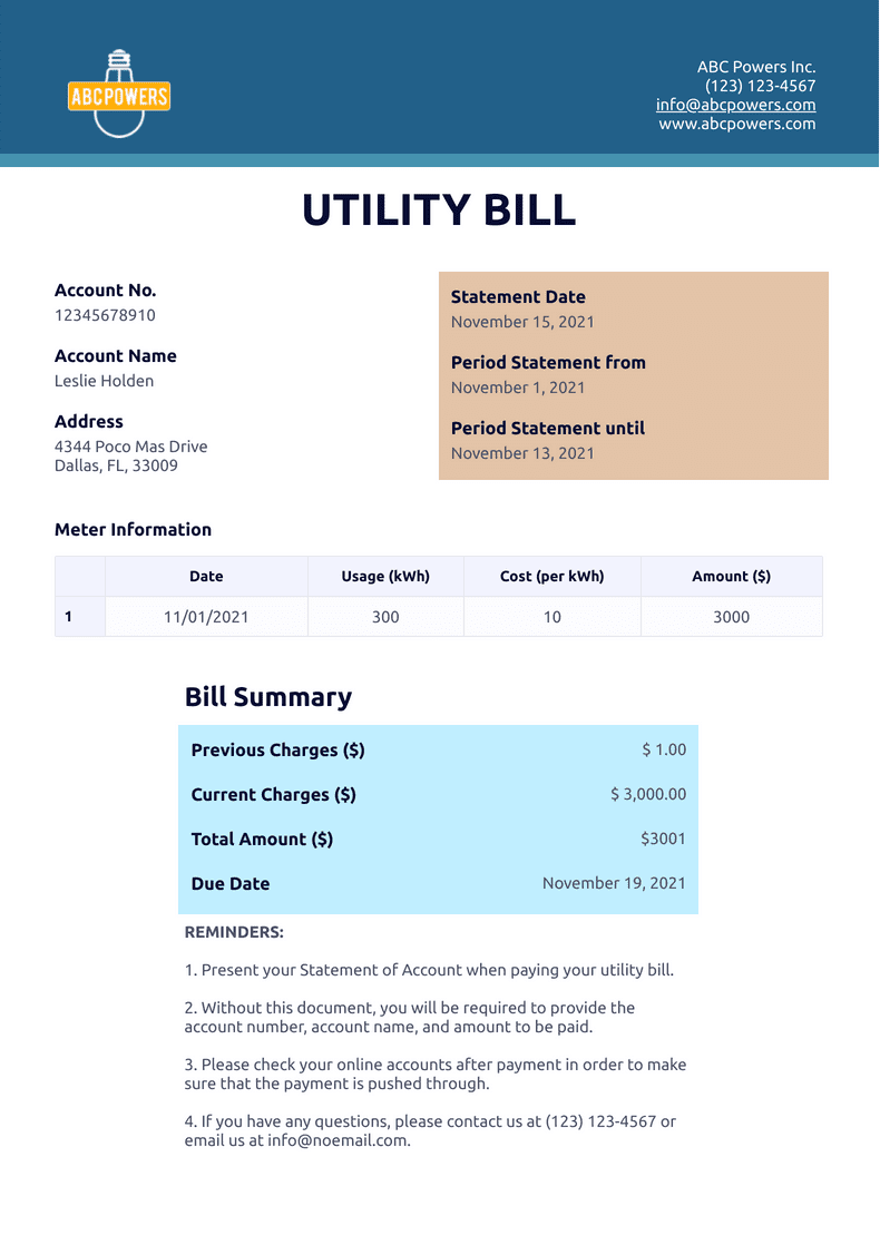PDF Templates: Utility Bill Template