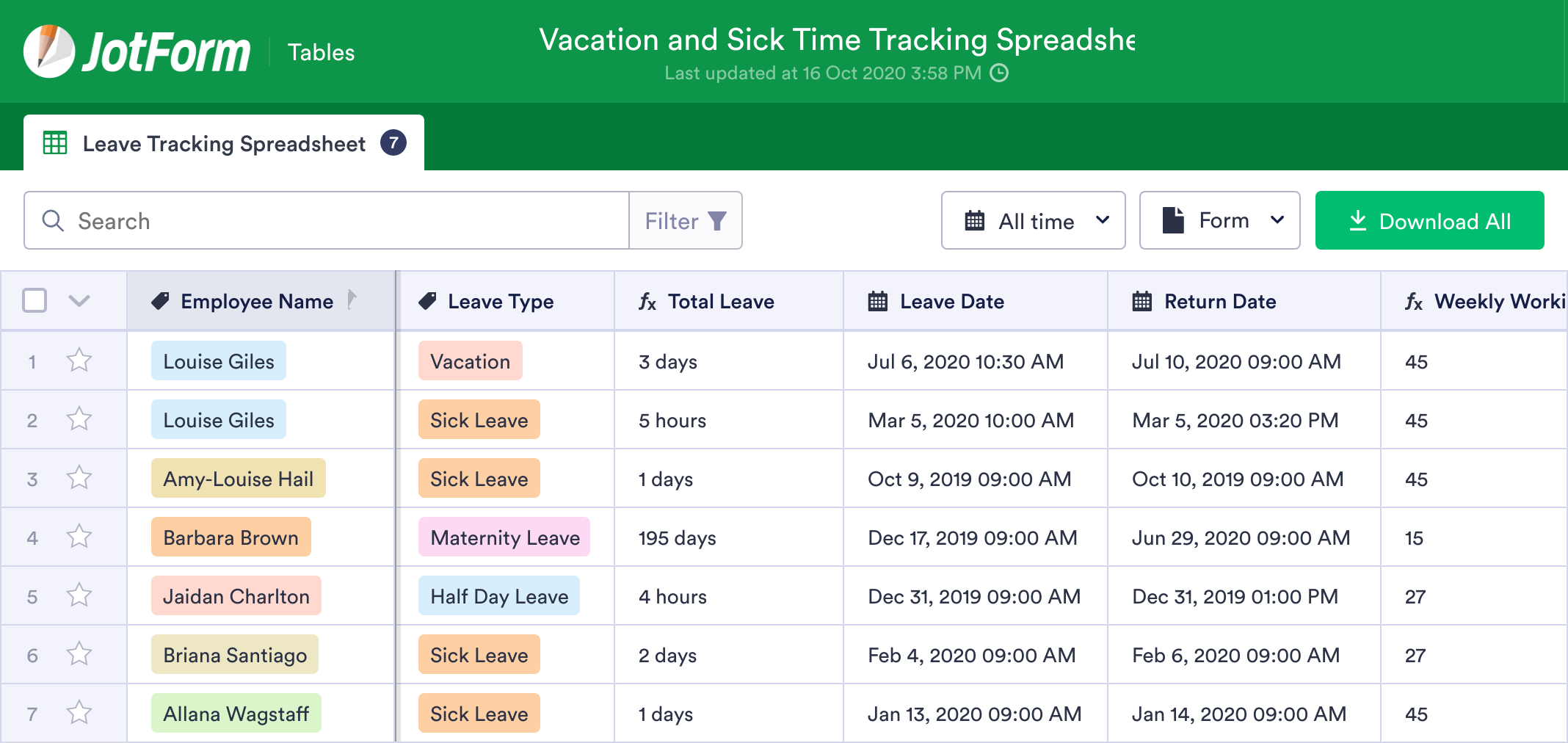 Vacation and Sick Time Tracking Sheet Template | JotForm Tables