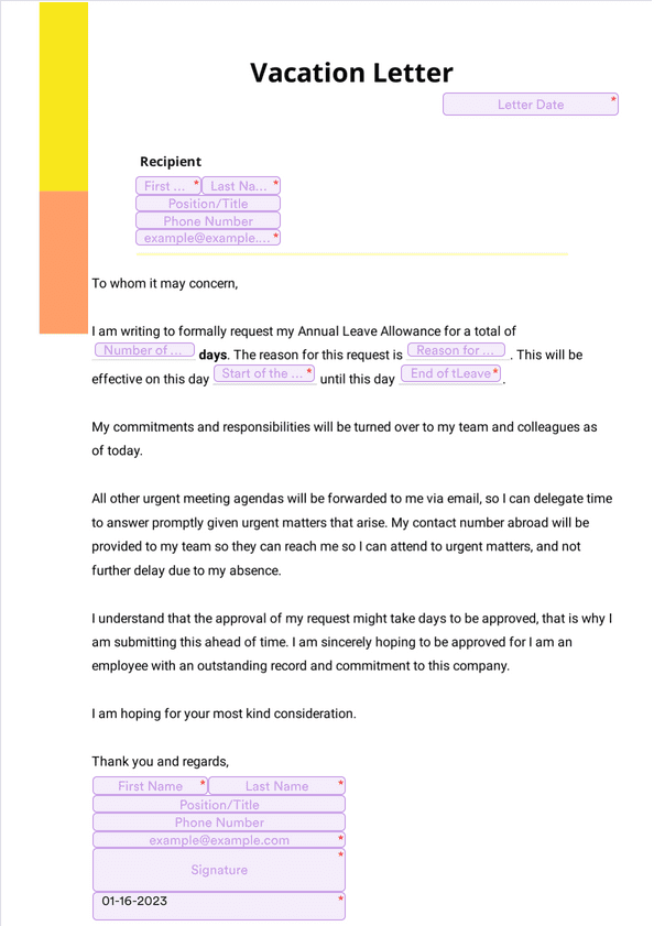 Vacation Letter Sign Templates Jotform