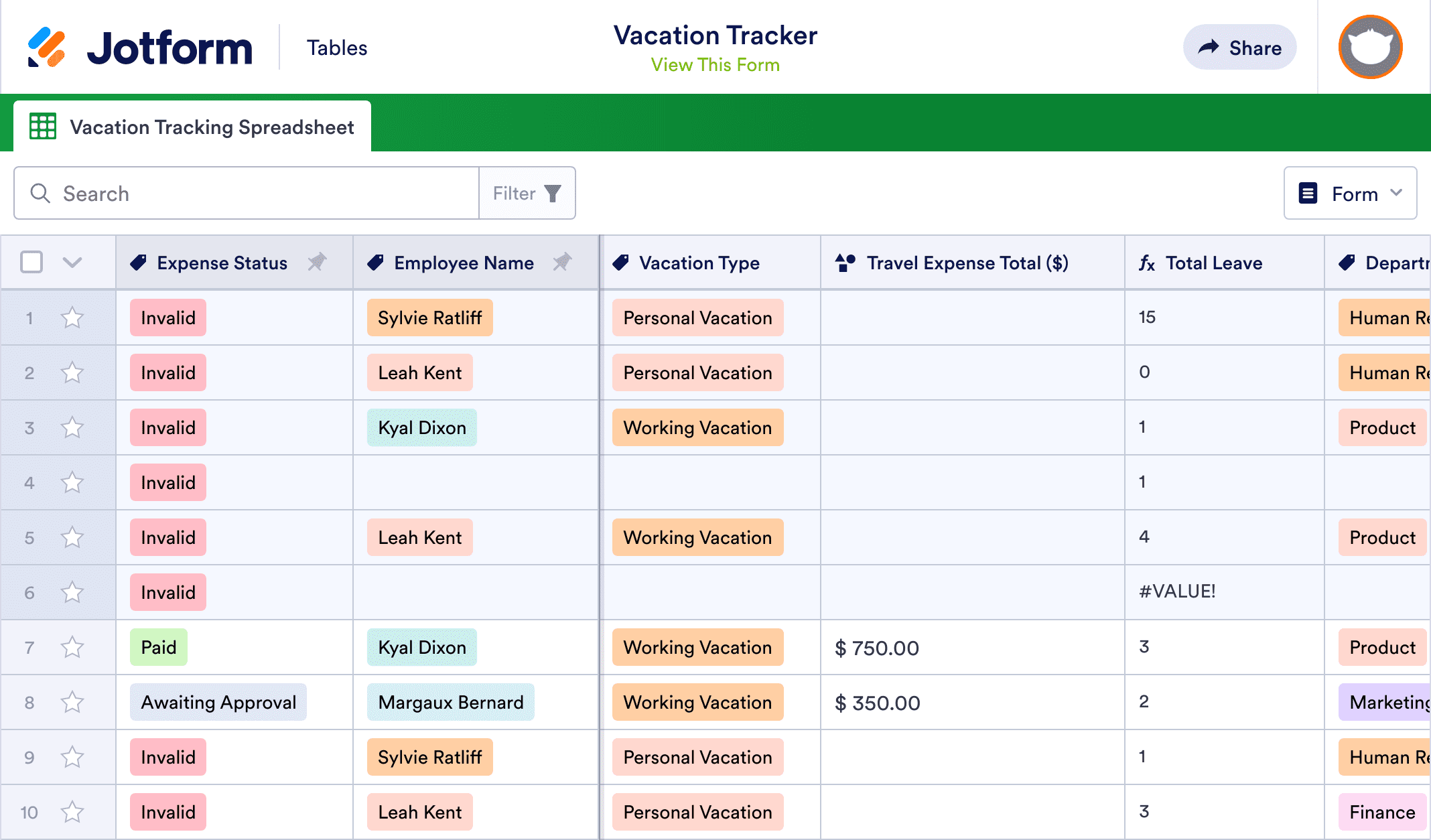 Vacation Tracker Template | Jotform Tables