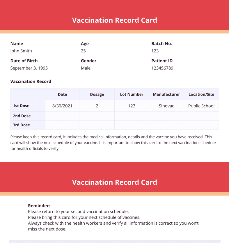 PDF Templates: Vaccination Record Card