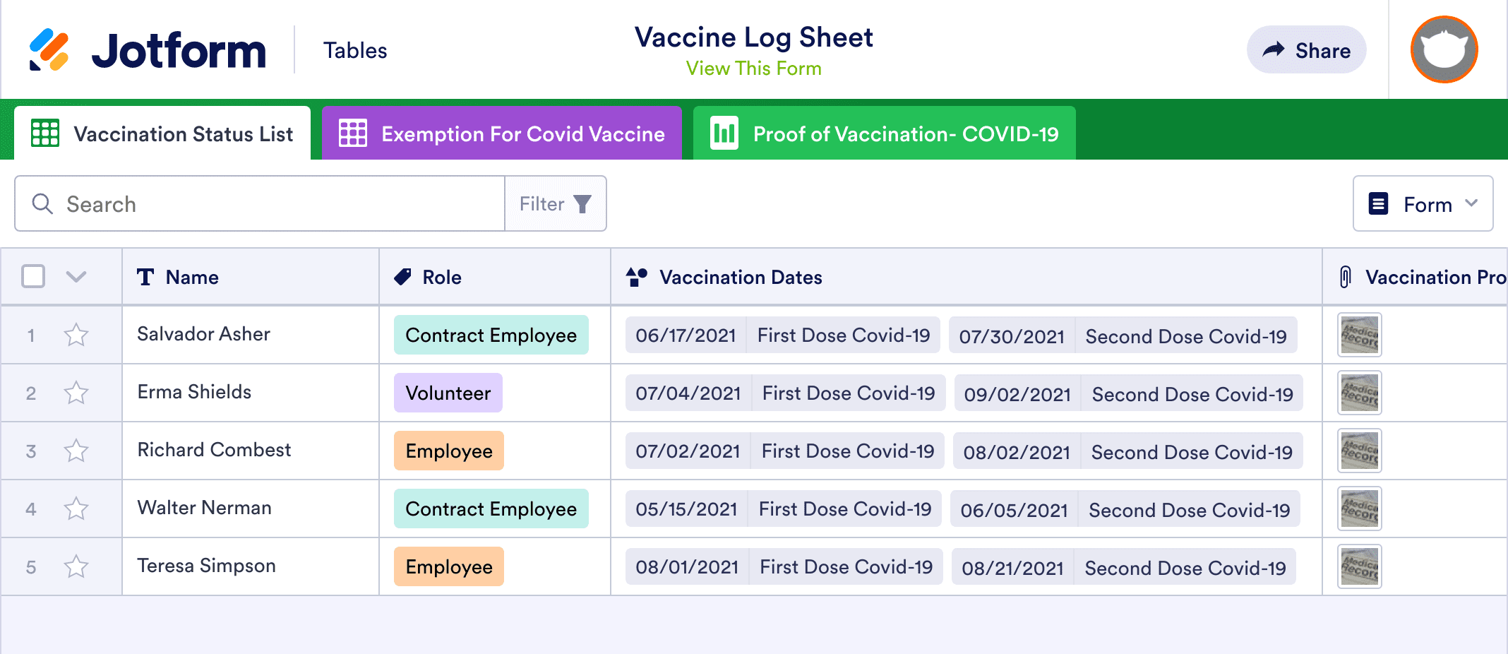 Vaccine Log Sheet 
