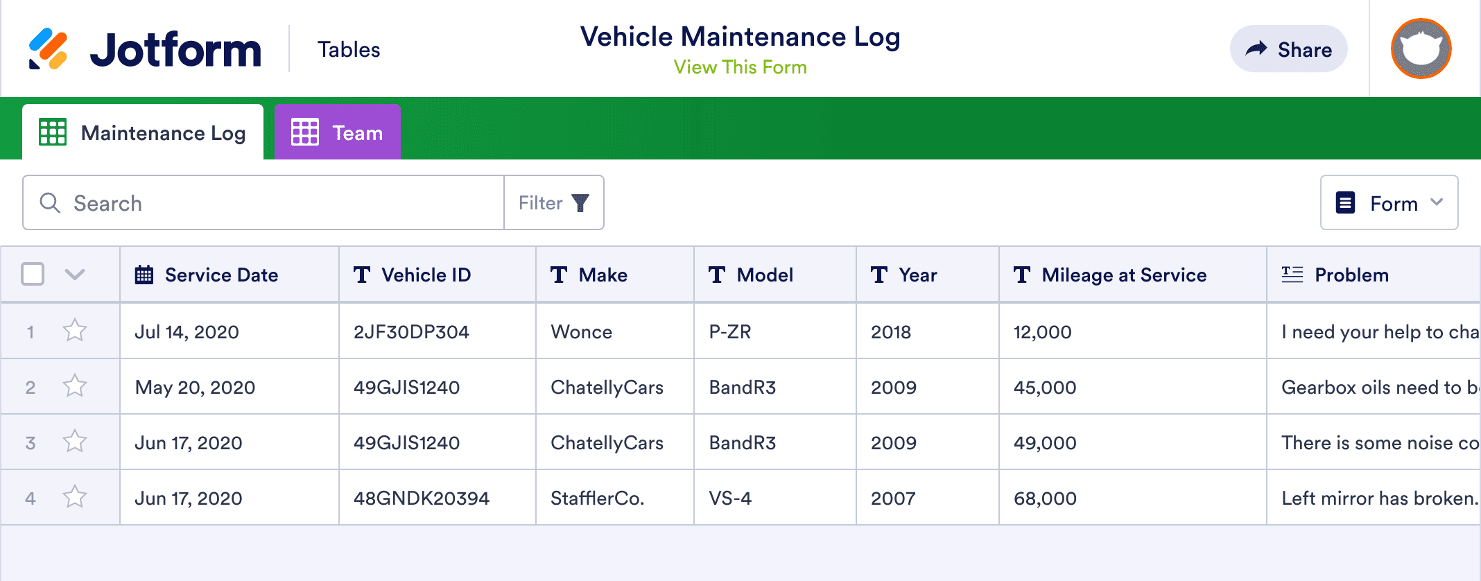 Vehicle Maintenance Log Template | Jotform Tables