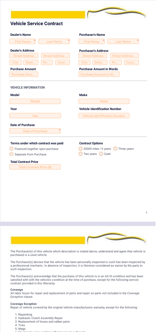 Vehicle Service Contract Sign Templates Jotform