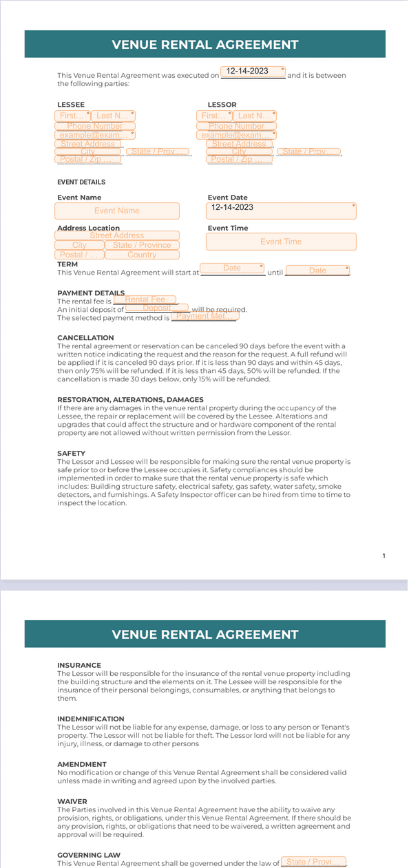 Venue Rental Agreement - Sign Templates | Jotform