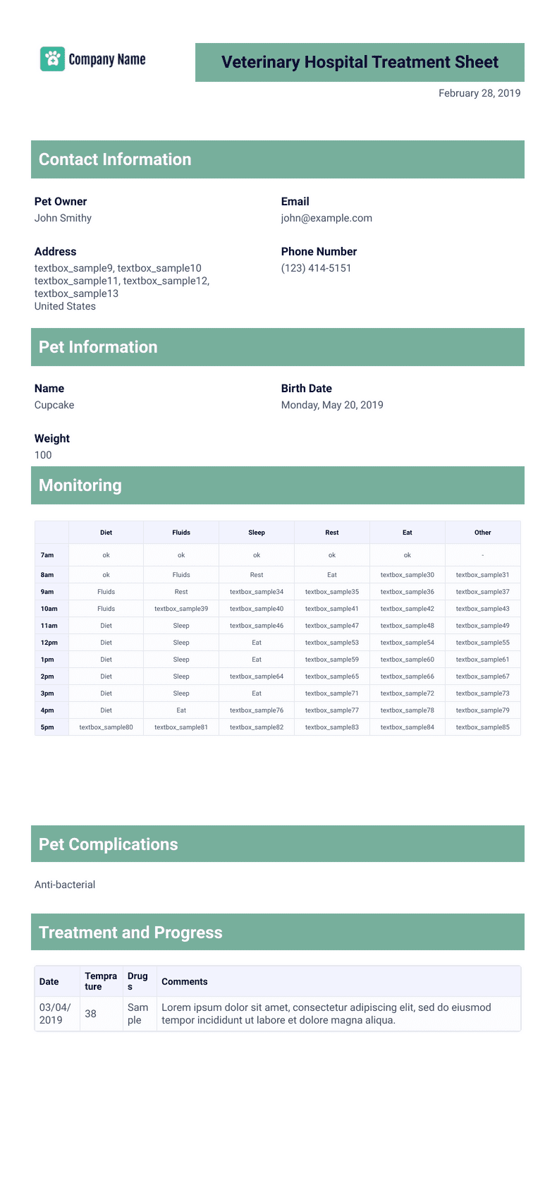 Veterinary Hospital Treatment Sheet Template - PDF Templates | Jotform
